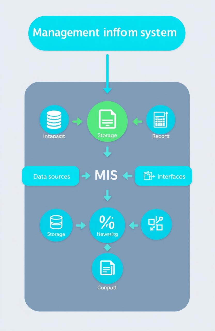 A visually engaging diagram of a management information system (MIS), showcasing the flow of data between various components