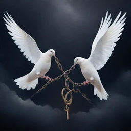 Illustrate the theme 'prevention of violence' by featuring harmonious elements such as peaceful doves, broken chains symbolizing freedom, and rays of hope shining through a dark sky.