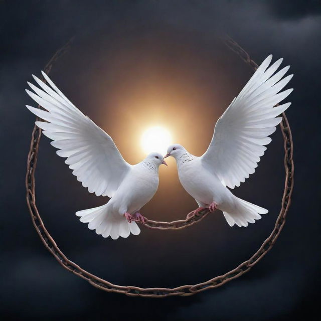 Illustrate the theme 'prevention of violence' by featuring harmonious elements such as peaceful doves, broken chains symbolizing freedom, and rays of hope shining through a dark sky.