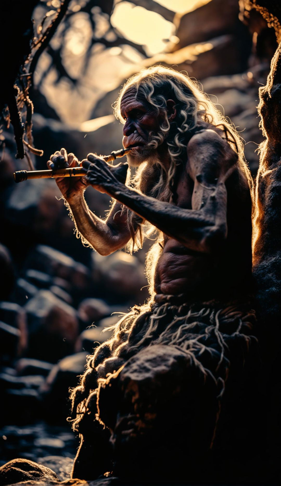  Please show me a Neanderthal man in an ancient forest playing a simple bone flute. Hd photography, warm morning light filtered through tree canopy, tranquil vibes