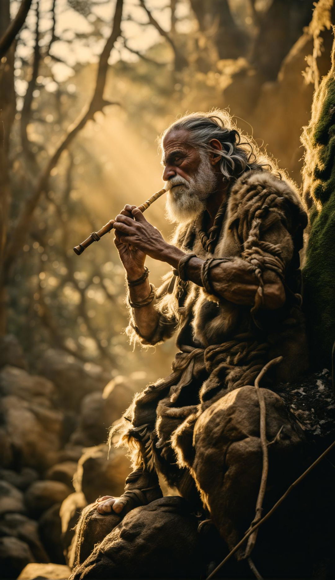 A Neanderthal man with an ungroomed beard and hair tied in a top knot plays a bone flute in an ancient forest bathed in warm morning light.