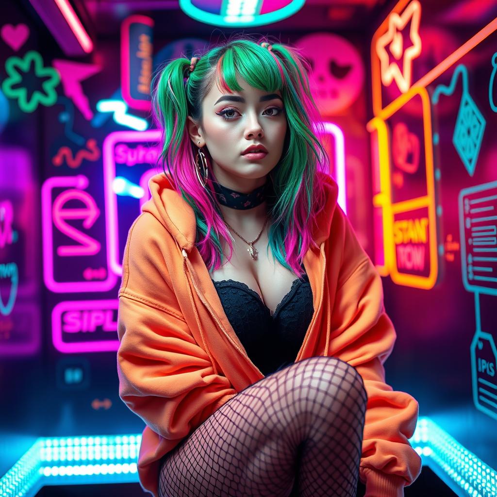 A sexy Egirl with colorful hair and stylish makeup, wearing a trendy oversized hoodie and cute fishnet stockings