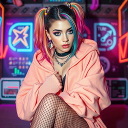 A sexy Egirl with colorful hair and stylish makeup, wearing a trendy oversized hoodie and cute fishnet stockings