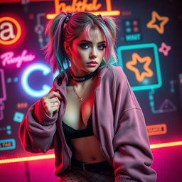 A sexy Egirl with colorful hair and stylish makeup, wearing a trendy oversized hoodie and cute fishnet stockings