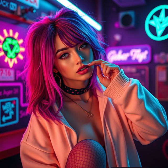 A sexy Egirl with colorful hair and stylish makeup, wearing a trendy oversized hoodie and cute fishnet stockings