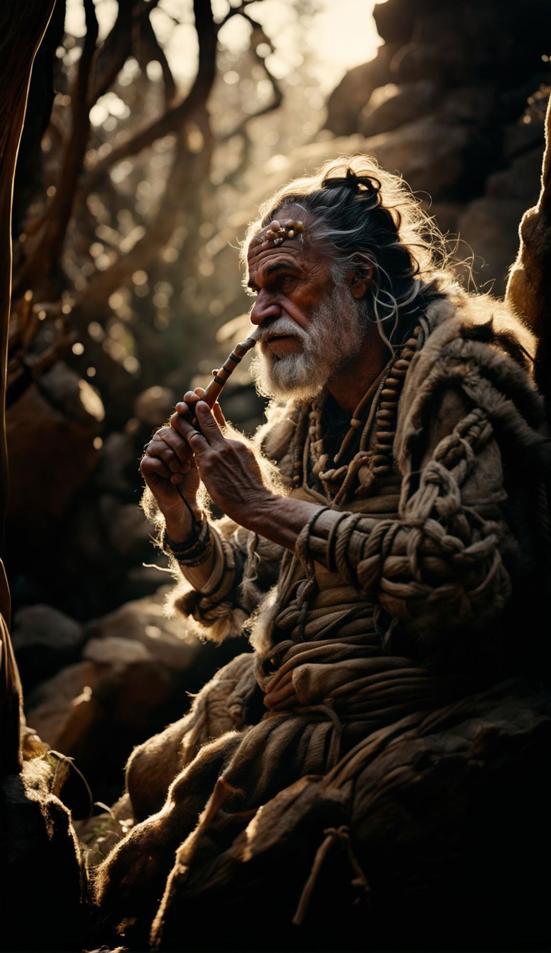 A Neanderthal man with a prominent brow ridge and wide, flat nose plays a bone flute in an ancient forest bathed in warm morning light. His thick beard is ungroomed and his hair is tied in a top knot with plant fibers.