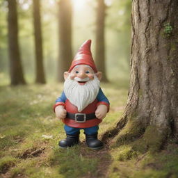 A cheerful gnome in a forest meadow, bathed by the warm morning light filtering through the tree canopy, Generating a high-resolution picture of serene ambiance