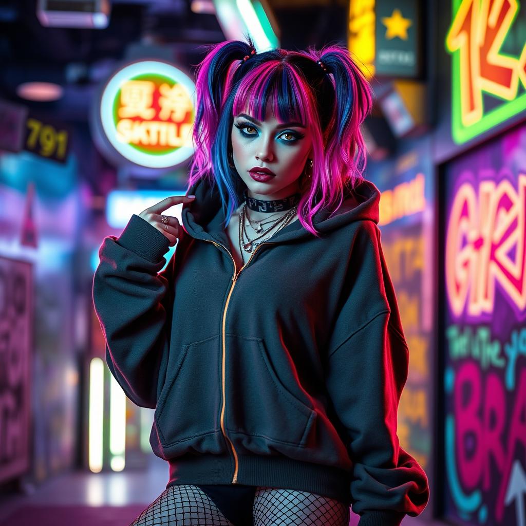 A sexy Egirl with striking colorful hair and dramatic makeup, dressed in an oversized hoodie paired with stylish fishnet stockings