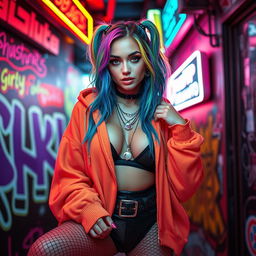 A sexy Egirl with striking colorful hair and dramatic makeup, dressed in an oversized hoodie paired with stylish fishnet stockings