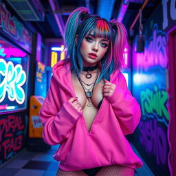 A sexy Egirl with striking colorful hair and dramatic makeup, dressed in an oversized hoodie paired with stylish fishnet stockings