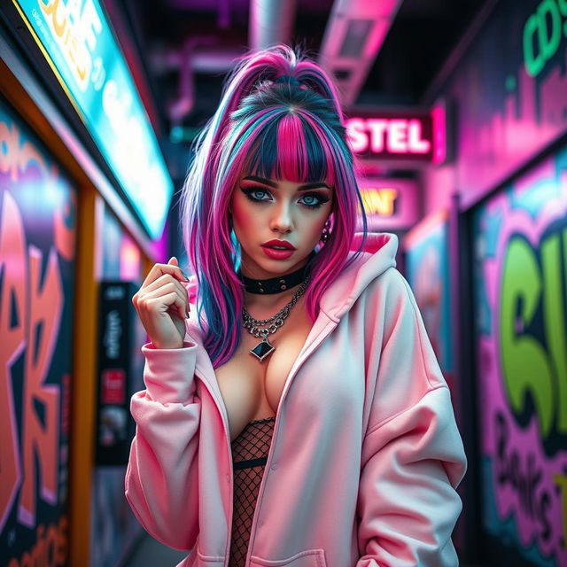 A sexy Egirl with striking colorful hair and dramatic makeup, dressed in an oversized hoodie paired with stylish fishnet stockings