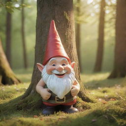 A cheerful gnome in a forest meadow, bathed by the warm morning light filtering through the tree canopy, Generating a high-resolution picture of serene ambiance