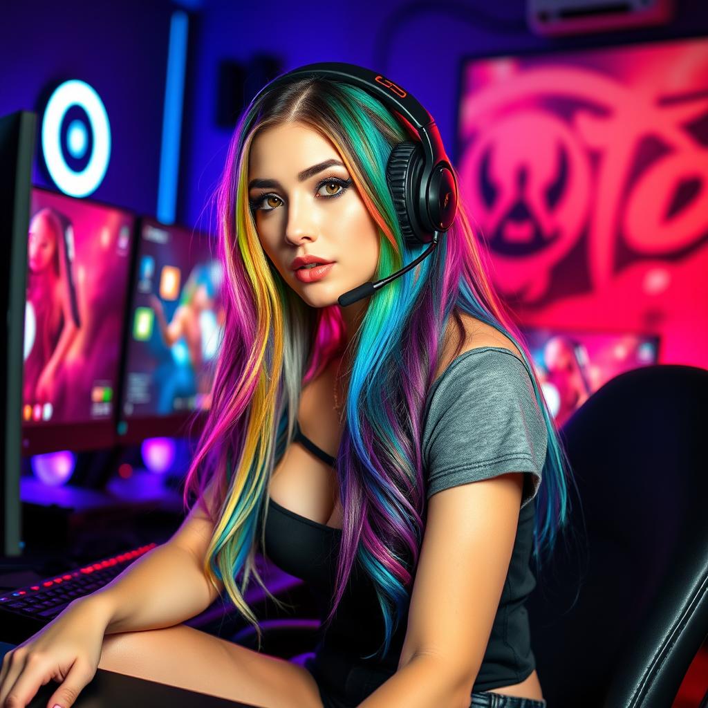 A sexy female gamer girl sitting at her gaming setup