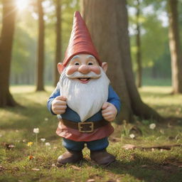 A cheerful gnome in a forest meadow, bathed by the warm morning light filtering through the tree canopy, Generating a high-resolution picture of serene ambiance