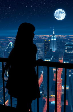 A silhouette of a girl standing at a balcony, gazing out over a breathtaking night view of a vibrant cityscape