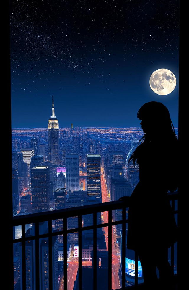 A silhouette of a girl standing at a balcony, gazing out over a breathtaking night view of a vibrant cityscape