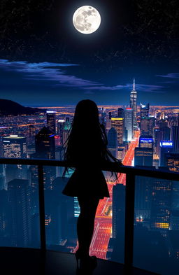 A silhouette of a girl standing at a balcony, gazing out over a breathtaking night view of a vibrant cityscape