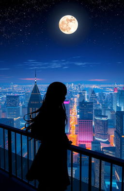 A silhouette of a girl standing at a balcony, gazing out over a breathtaking night view of a vibrant cityscape