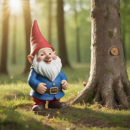 A cheerful gnome in a forest meadow, bathed by the warm morning light filtering through the tree canopy, Generating a high-resolution picture of serene ambiance