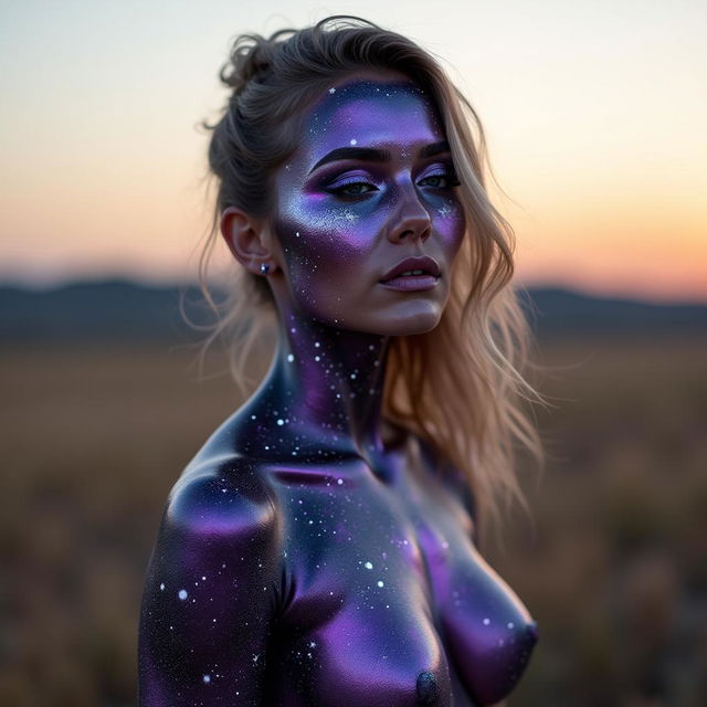 A woman standing outdoors in an open field during daylight, elegantly adorned with stunning body paint