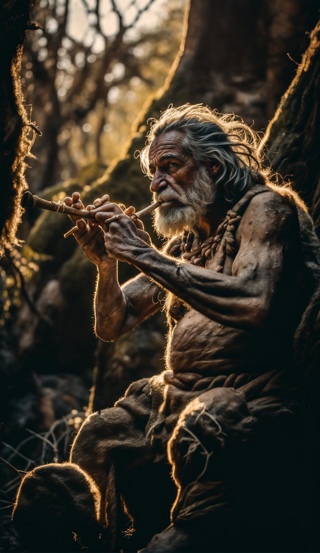 A Neanderthal man with prominent brow ridge, wide, thick flat nose, and brown skin plays a bone flute in an ancient forest. His wirey beard and thick hair tied in a top knot with plant fibers add to his primitive appearance.