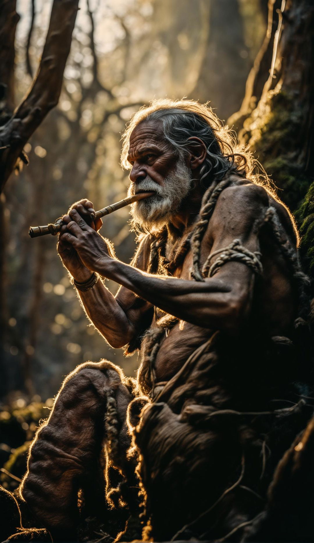 A Neanderthal man with a large, wide forehead, prominent brow ridge, wide, thick flat nose, and brown skin plays a bone flute in an ancient forest. His wirey beard and thick hair tied in a top knot with plant fibers add to his primitive appearance.