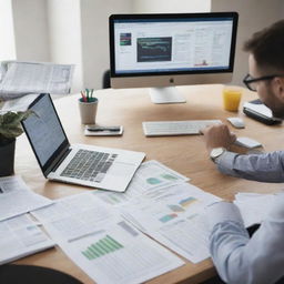 Image of a successful businessperson working at a desk with a computer displaying online advertising metrics, surrounded by dollar bills