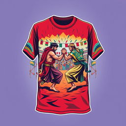 A vibrant and artistic design for a t-shirt featuring a detailed, stylized representation of a 'mukab' (a traditional wrestling match)