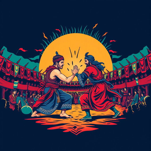 A vibrant and artistic design for a t-shirt featuring a detailed, stylized representation of a 'mukab' (a traditional wrestling match)