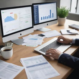 Image of a successful businessperson working at a desk with a computer displaying online advertising metrics, surrounded by dollar bills