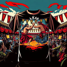 A vibrant and artistic design for a t-shirt featuring a detailed, stylized representation of a 'mukab' (a traditional wrestling match)
