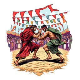 A vibrant and artistic design for a t-shirt featuring a detailed, stylized representation of a 'mukab' (a traditional wrestling match)