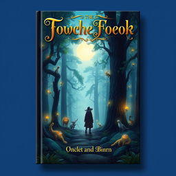 A captivating and imaginative book cover design featuring a mystical forest bathed in soft moonlight