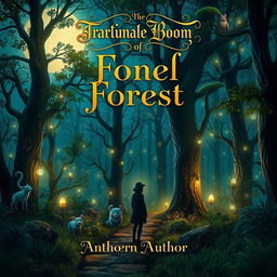 A captivating and imaginative book cover design featuring a mystical forest bathed in soft moonlight