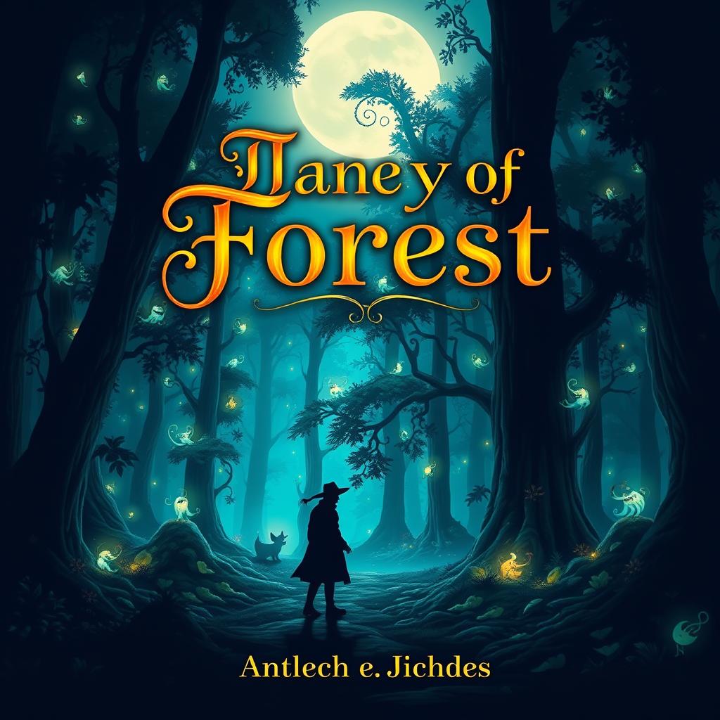 A captivating and imaginative book cover design featuring a mystical forest bathed in soft moonlight