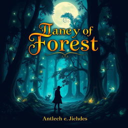 A captivating and imaginative book cover design featuring a mystical forest bathed in soft moonlight