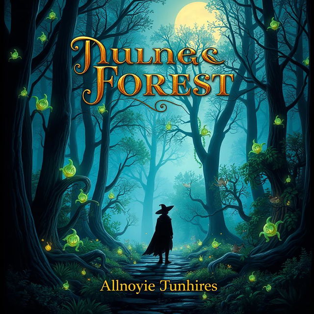 A captivating and imaginative book cover design featuring a mystical forest bathed in soft moonlight