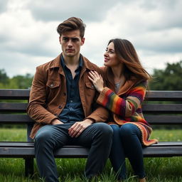 A scene depicting a depressed handsome man with deep expressive eyes and slightly tousled hair, sitting on a park bench under a cloudy sky
