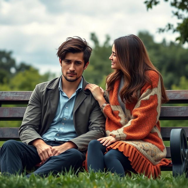 A scene depicting a depressed handsome man with deep expressive eyes and slightly tousled hair, sitting on a park bench under a cloudy sky