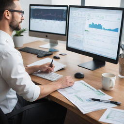 Image of a successful businessperson working at a desk with a computer displaying online advertising metrics, surrounded by dollar bills