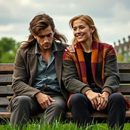 A scene depicting a depressed handsome man with deep expressive eyes and slightly tousled hair, sitting on a park bench under a cloudy sky