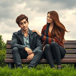 A scene depicting a depressed handsome man with deep expressive eyes and slightly tousled hair, sitting on a park bench under a cloudy sky