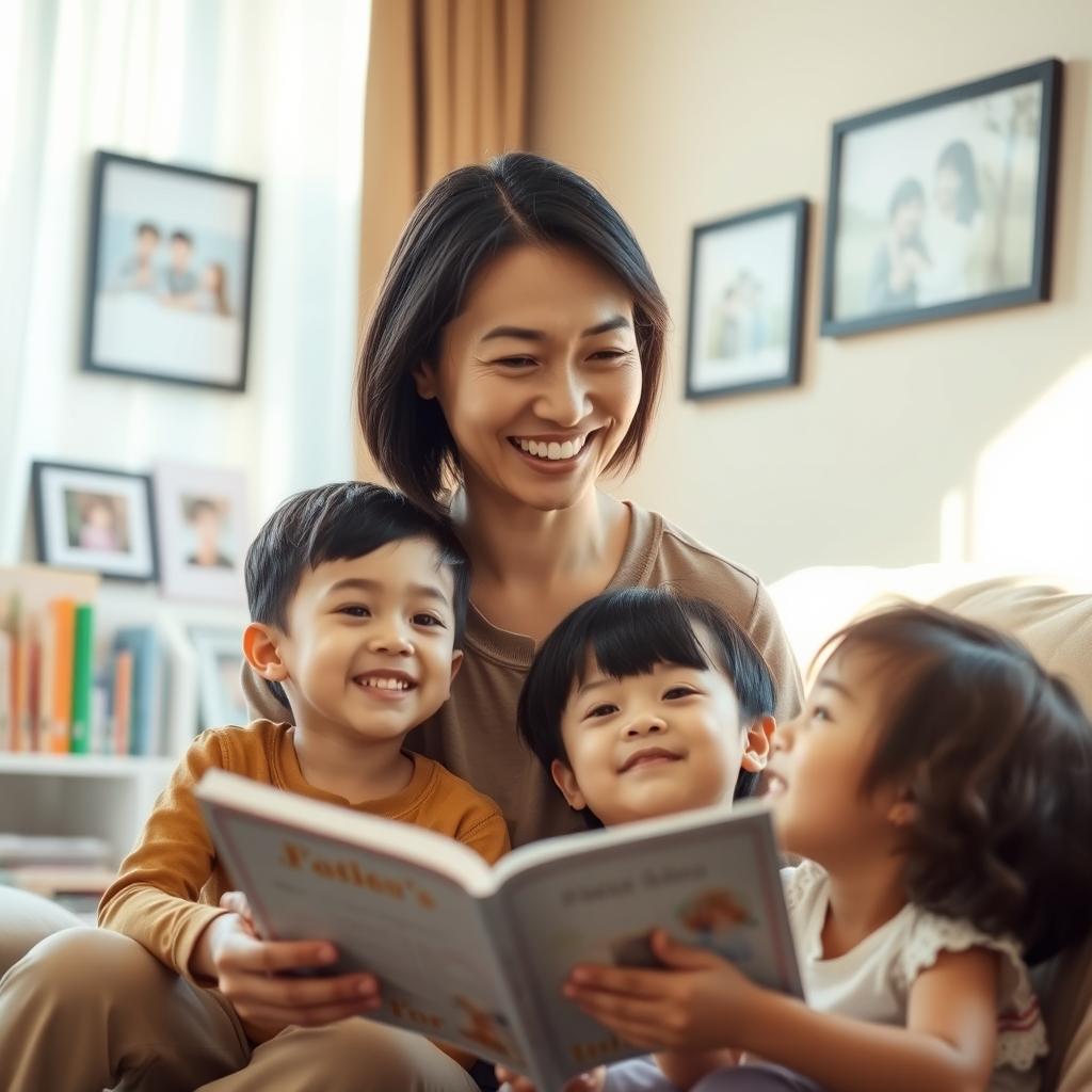 A 30-year-old Asian woman smiling warmly as she teaches her 5-year-old children about Jesus