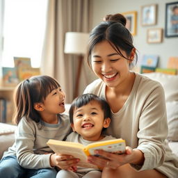 A 30-year-old Asian woman smiling warmly as she teaches her 5-year-old children about Jesus