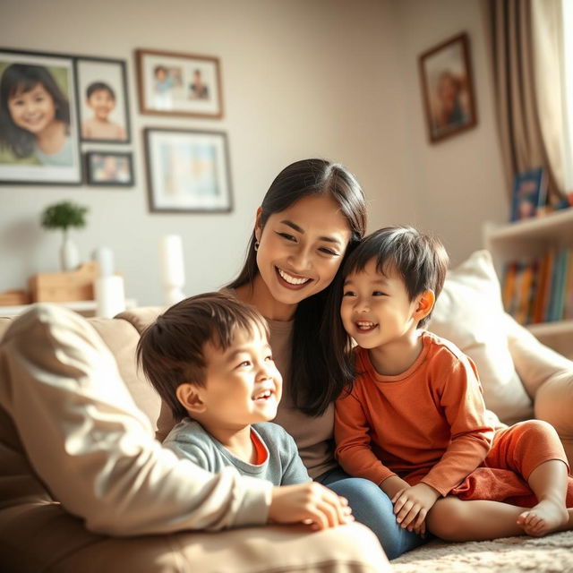 A 30-year-old Asian woman smiling warmly as she teaches her 5-year-old children about Jesus