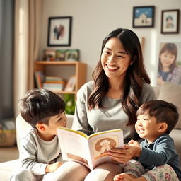 A 30-year-old Asian woman smiling warmly as she teaches her 5-year-old children about Jesus