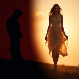 An artistic composition showing a man's shadow cast on the ground, depicted in silhouette form, suggesting a feeling of contemplation or solitude