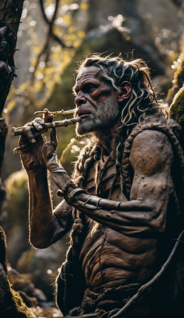 A Neanderthal in an ancient forest playing a bone flute. He has brown skin, prominent forehead and brow ridge, wide flat nose, wiry beard and thick hair tied in top knot with plant fibres. The warm morning light filters through the tree canopy creating tranquil vibes.