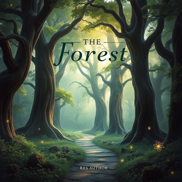 A captivating book cover design featuring a mystical forest with towering ancient trees, their leaves glistening with dew