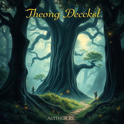 A captivating book cover design featuring a mystical forest with towering ancient trees, their leaves glistening with dew